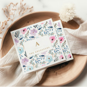 Stylish Pastel Blue Watercolor Flowers Monogram  Napkin