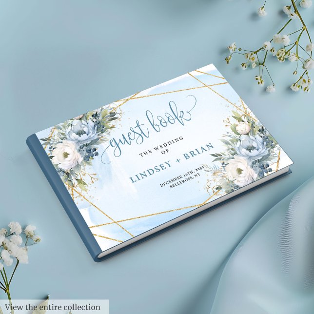 Stylish Pastel Blue White Gold Peonies Guest Book (Stylish Pastel Blue White Gold Peonies Guest Book)