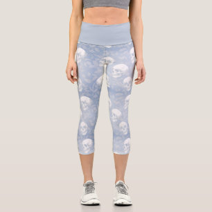 Stylish pastel goth French blue skulls botanical Capri Leggings
