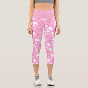 Stylish pastel goth pink skulls botanical capri leggings