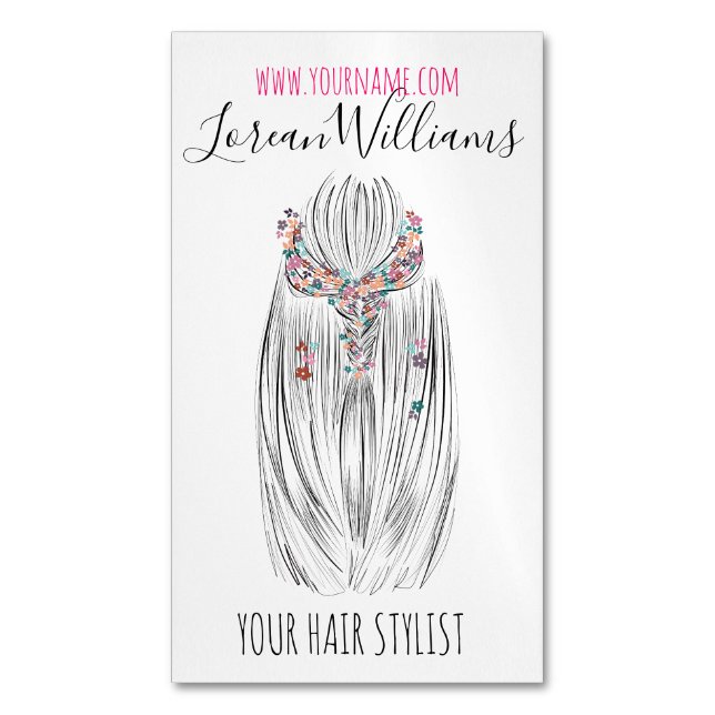 Stylish Pastel Hair Stylist Braid Hairstyle Flower Magnetic Business Card (Front Vertical)