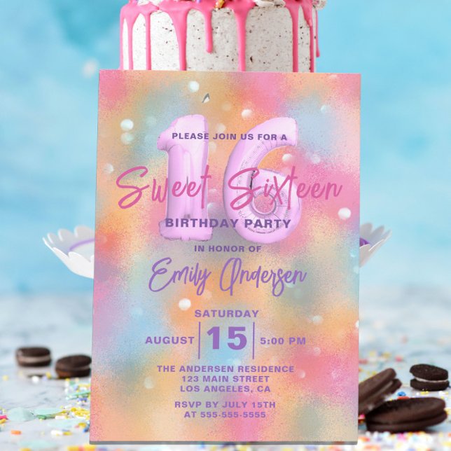 Stylish Pastel Holographic Sweet Sixteen Birthday Invitation (Creator Uploaded)