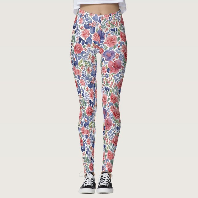 Stylish Pastel Red And Purple Floral  Watercolor  Leggings (Front)