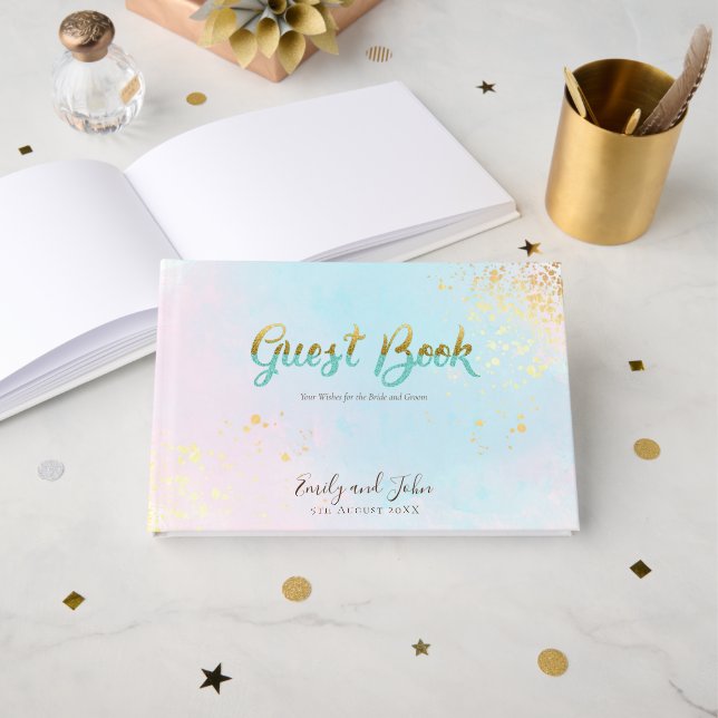 Stylish Pastel Watercolors Faux Glitter Wedding Guest Book (Front Open)