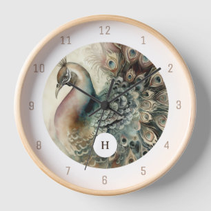 Stylish Peacock Add Your Initial Clock