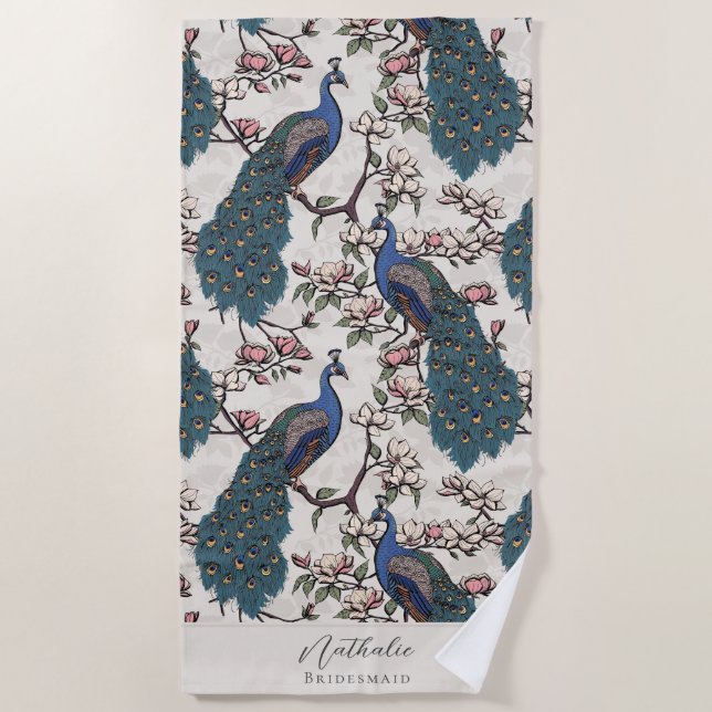 Stylish Peacock and Flower Bridesmaid Beach Towel (Front)
