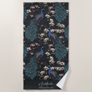 Stylish Peacock and Flower Bridesmaid Black Beach Towel