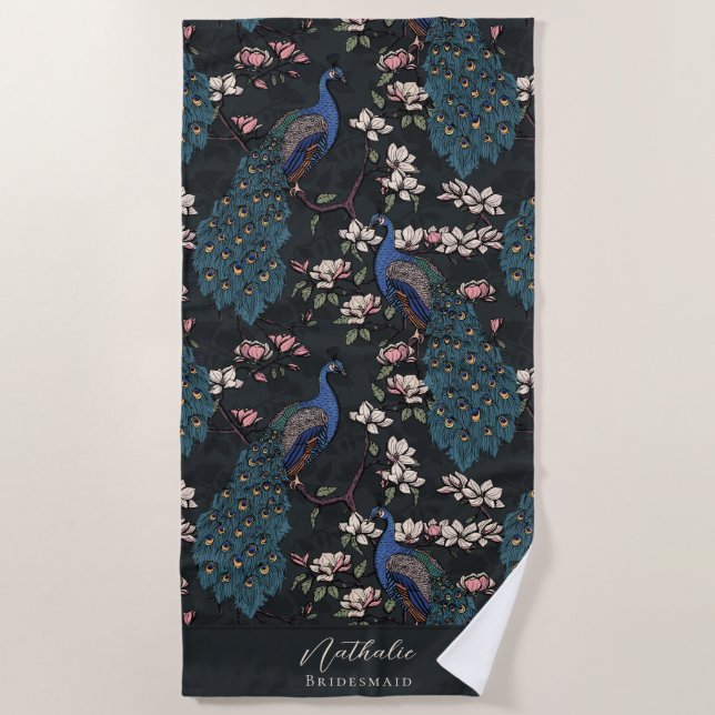 Stylish Peacock and Flower Bridesmaid Black Beach Towel (Front)