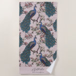 Stylish Peacock and Flower Bridesmaid Blush Pink Beach Towel<br><div class="desc">This Stylish Peacock and Flower Bridesmaid Blush Pink Beach Towel features blue and teal peacocks perched on Magnolia tree branches in full bloom, hand-drawn in black ink. Personalise with Name and Heading (all text is editable) by clicking on "Personalise this template" on the product page. For example, you could change...</div>