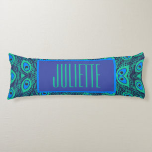 STYLISH PEACOCK FEATHERS IN GREEN & BLUE WITH TEXT BODY CUSHION