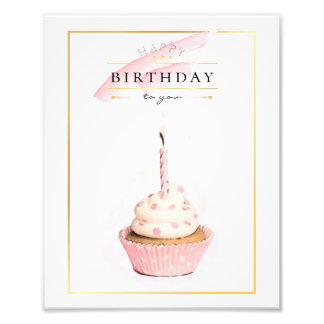 Stylish Pencil Art Pink Birthday Cupcake Photo Print