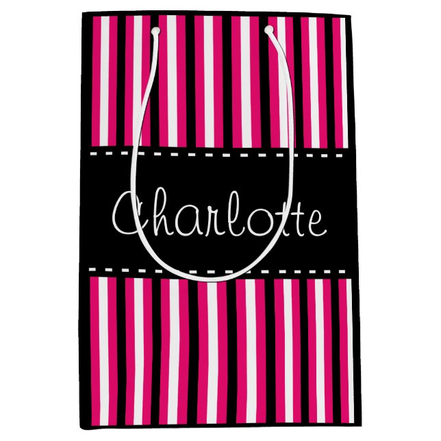 Stylish Personalised Black White Pink Stripes Medium Gift Bag (Front)