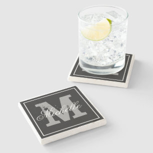 Stylish personalised name monogram stone coaster