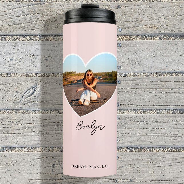 Stylish Personalised Name Photo Love Heart Pink Thermal Tumbler (Creator Uploaded)