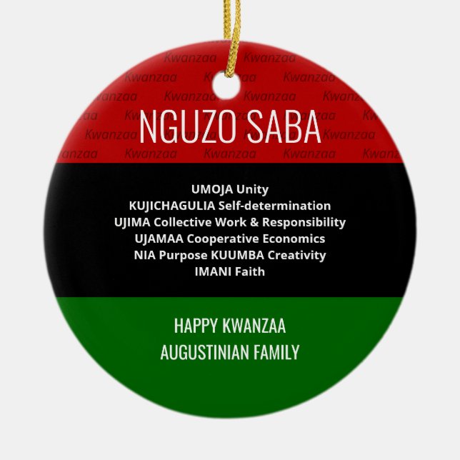 Stylish personalised NGUZO SABA Happy Kwanzaa Ceramic Tree Decoration (Front)