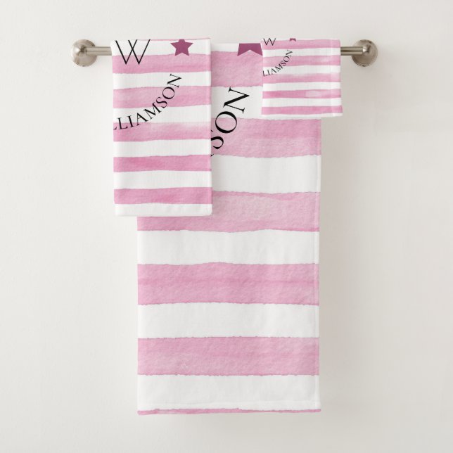 Stylish personalised pink stripes  bath towel set (Insitu)