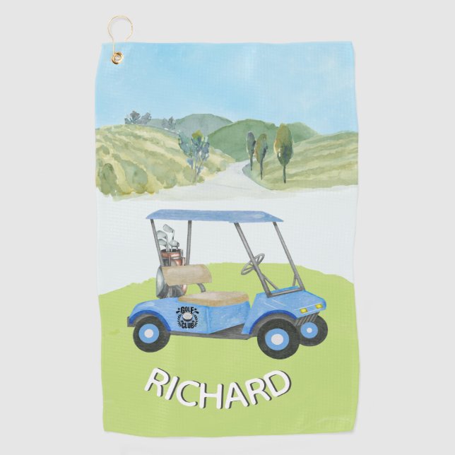 Stylish Personalised Watercolor Golf Cart Name Golf Towel (Front)