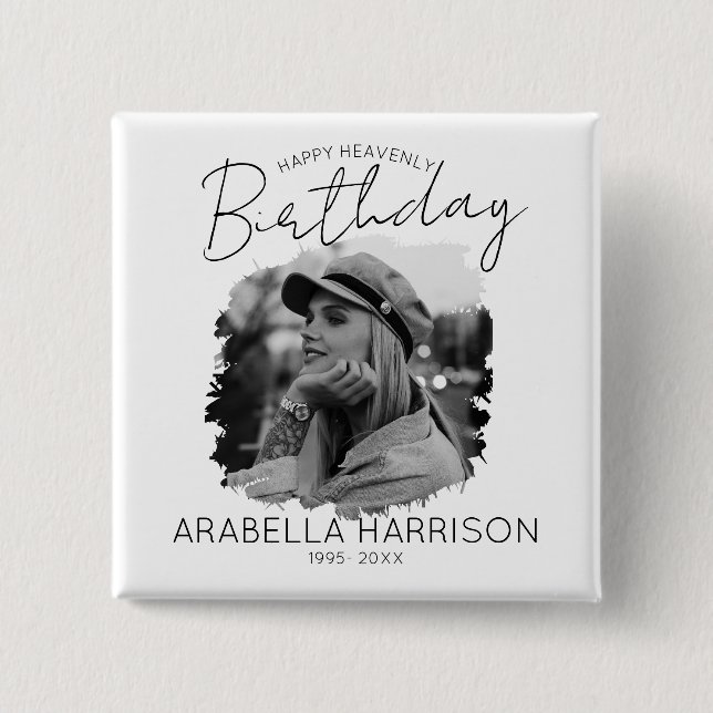 Stylish Photo Birthday Memorial 15 Cm Square Badge (Front)