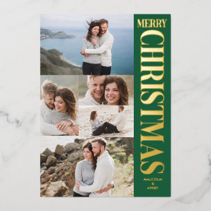 Stylish Photo Collage Green Gold Merry Christmas