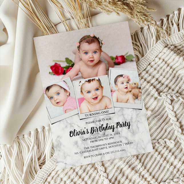 Stylish Photo Collage Marble Birthday Party Invitation (Creator Uploaded)