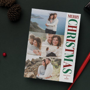 Stylish Photo Collage Red & Green Merry Christmas Holiday Card