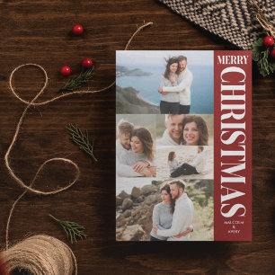 Stylish Photo Collage Red & White Merry Christmas Holiday Card
