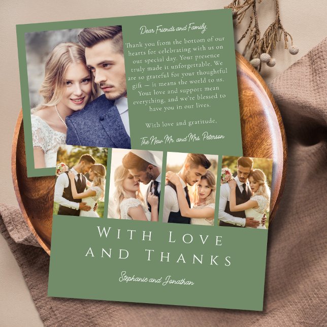 Stylish Photo Strip Modern Simple Sage Wedding  Thank You Card (Creator Uploaded)