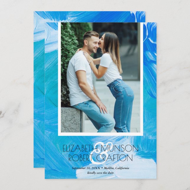 Stylish Photo Wedding Blue Save The Date (Front/Back)