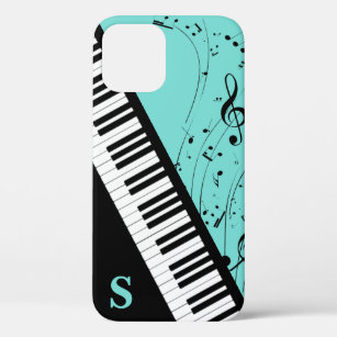 Stylish Piano Keyboard Music Notes Monogram Mint iPhone 12 Case