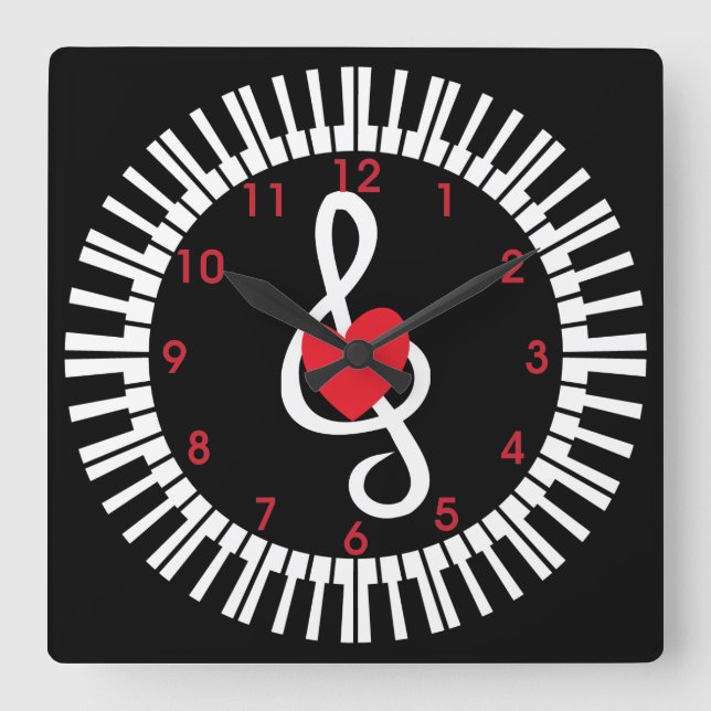 Stylish piano keys heart and musical notes square wall clock (Front)