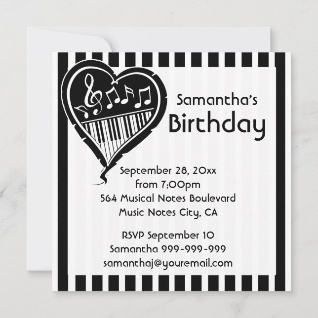 Stylish piano love heart music   Birthday Party Invitation (Back)