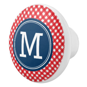 Stylish Picnic Red Gingham and Blue Monogram Ceramic Knob