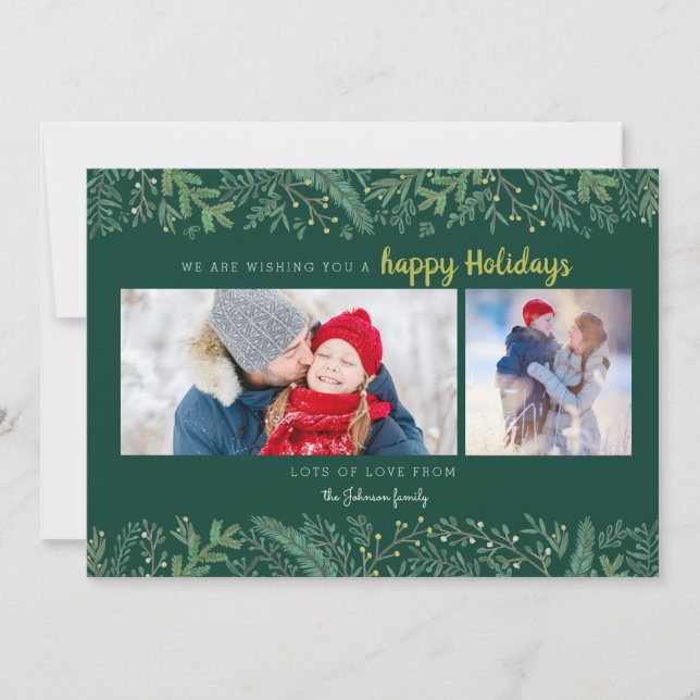 Stylish Pine Vines green trees Christmas Holiday Card (Front)