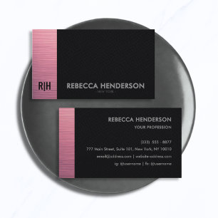 Stylish Pink Accent Strip & Black Leather Monogram Business Card