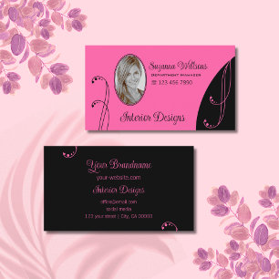 Stylish Pink and Black Ornate with Portrait Photo Business Card