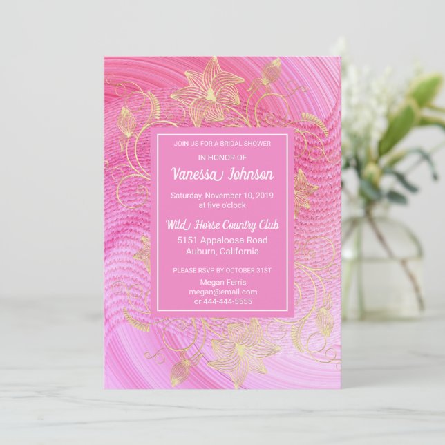 Stylish Pink and Floral Bridal Shower Invitation (Standing Front)