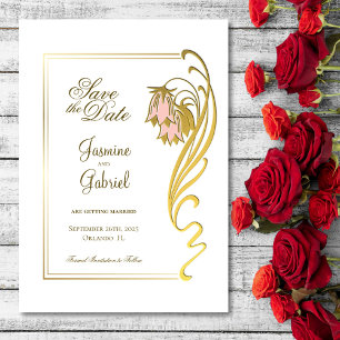 Stylish Pink and Gold Flowers Gold Frame Wedding Save The Date