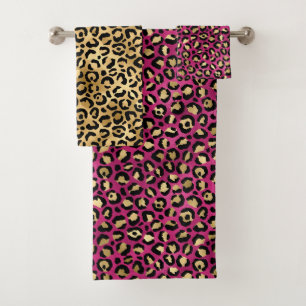 Stylish Pink and Gold Foil Leopard Spots Bath Towel Set