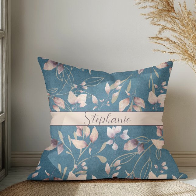 Stylish Pink And Gold Stone Leaves On Blue Cushion (Creator Uploaded)