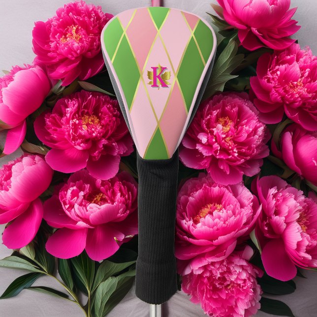 Stylish Pink and Green Argyle Driver  Golf Head Cover (Luxury Pink and Green Argyle Golf Head Cover )