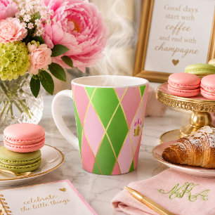 Stylish Pink and Green Argyle Monogrammed  Latte Mug