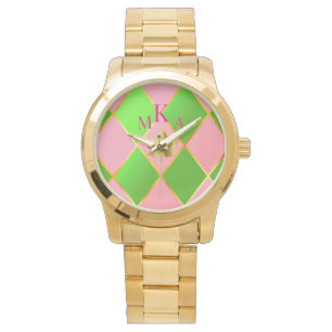 Stylish Pink and Green Gold Argyle Monogram  Watch