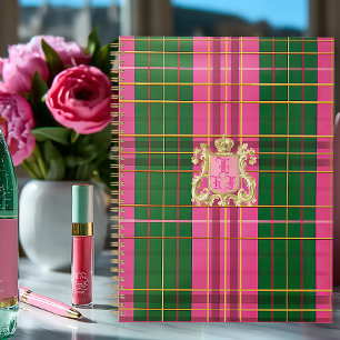 Stylish Pink and Green Plaid Monogrammed  Planner