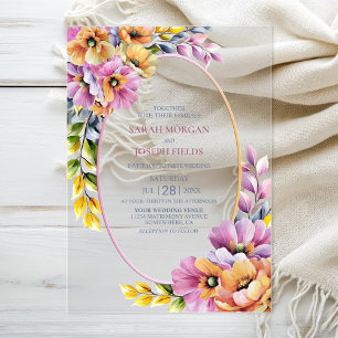 Stylish Pink and Orange Floral Wedding Acrylic Invitations
