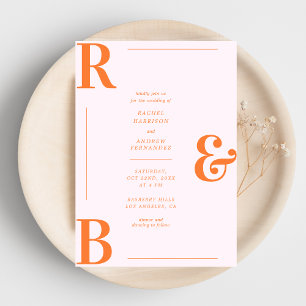 Stylish Pink and Orange Monogram QR Code Wedding Invitation
