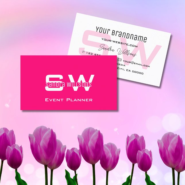 Stylish Pink and White Modern Simple with Monogram Business Card (Creator Uploaded)