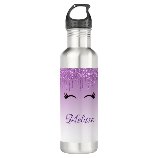 Stylish Pink & Black Eyelashes on Dripping Glitter 710 Ml Water Bottle (Front)