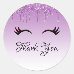 Stylish Pink & Black Eyelashes on Dripping Glitter Classic Round Sticker