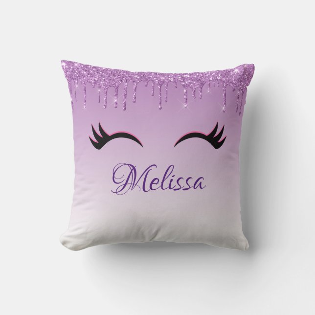 Stylish Pink & Black Eyelashes on Dripping Glitter Cushion (Front)