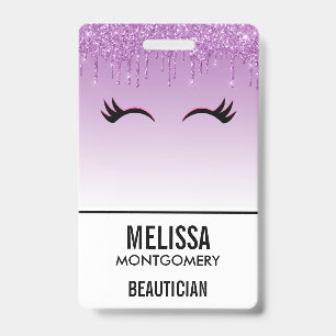 Stylish Pink & Black Eyelashes on Dripping Glitter ID Badge